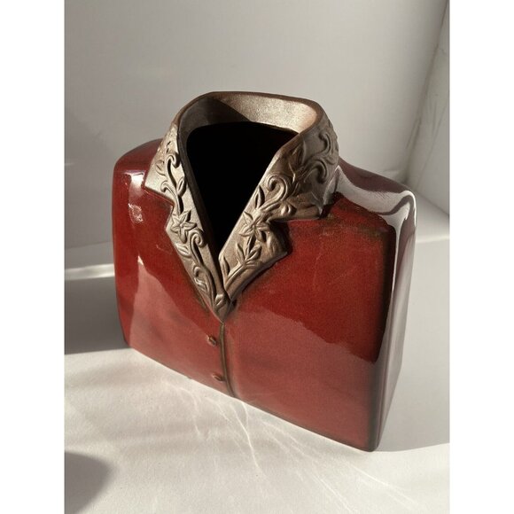 •HBH• Hawaiian Style Glossy Dark Red Shirt Jacket Rough Brown CollarCeramic VASE - Picture 13 of 15
